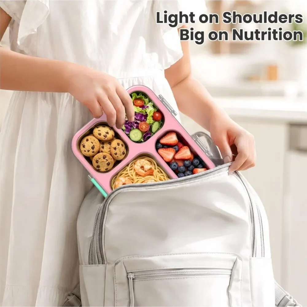 NEW Stainless Steel Bento Lunch Box 4 Cups Pink